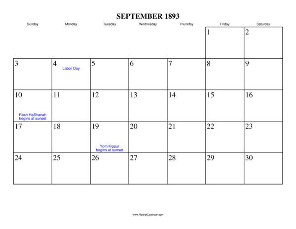 September 1893 Calendar