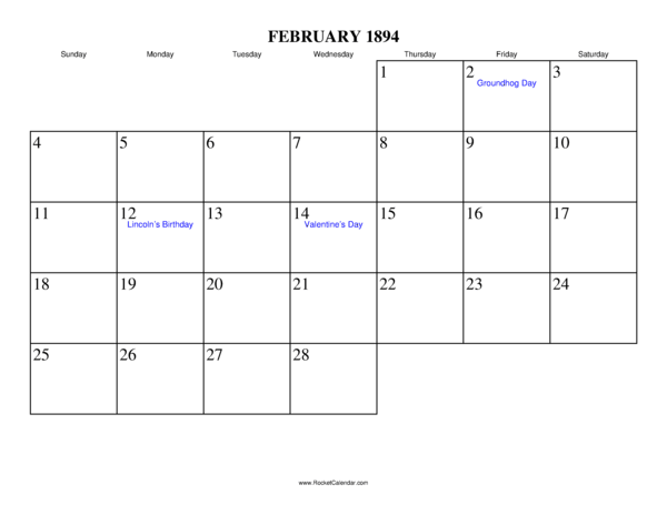 February 1894 Calendar