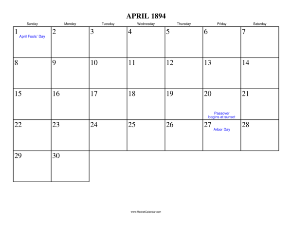 April 1894 Calendar