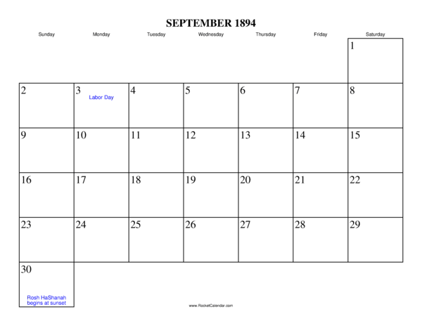 September 1894 Calendar
