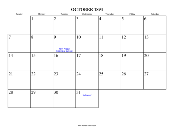 October 1894 Calendar