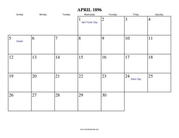 April 1896 Calendar