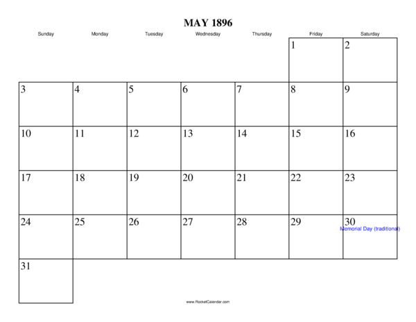 May 1896 Calendar