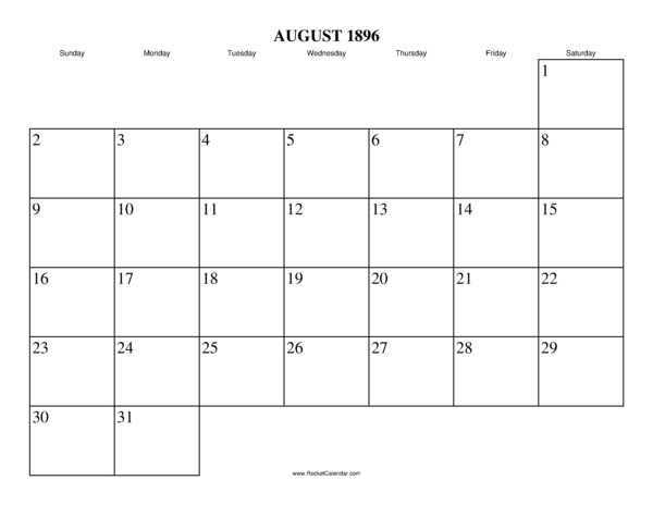 August 1896 Calendar