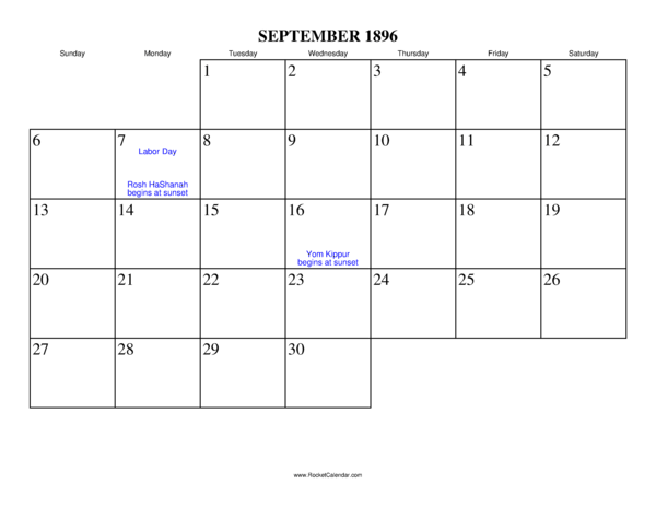 September 1896 Calendar