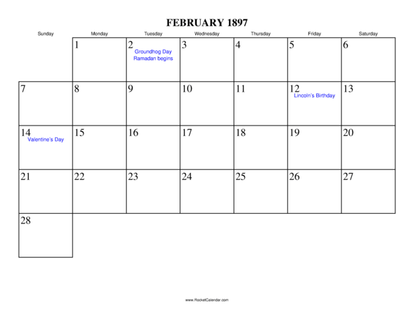 February 1897 Calendar