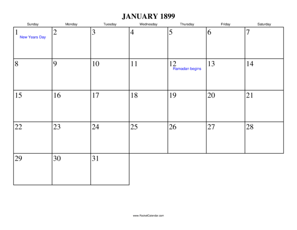January 1899 Calendar