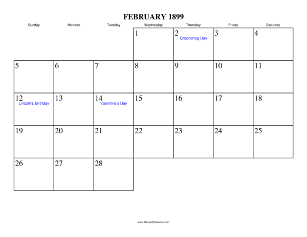 February 1899 Calendar