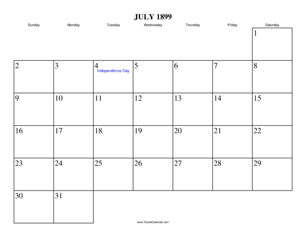 July 1899 Calendar