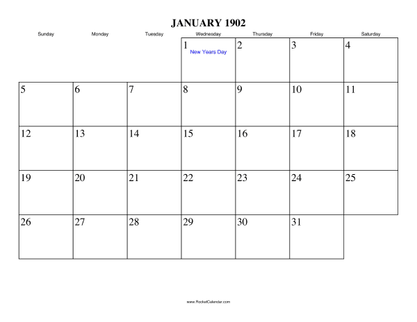 January 1902 Calendar