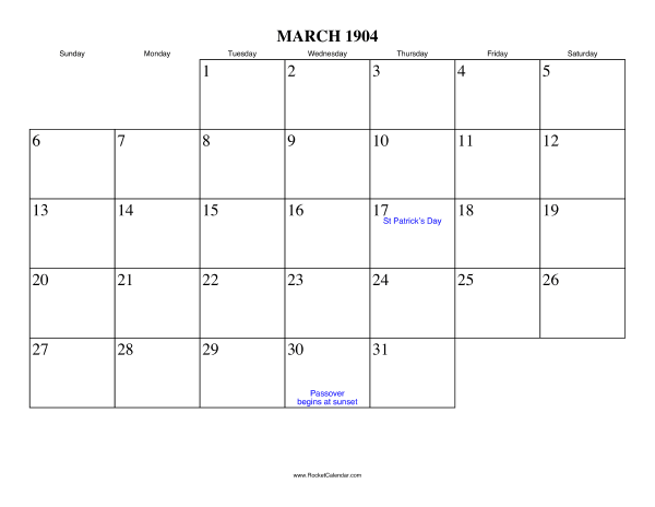 March 1904 Calendar
