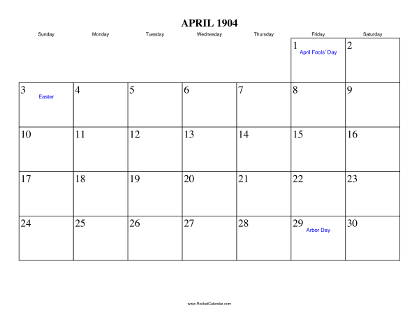 April 1904 Calendar