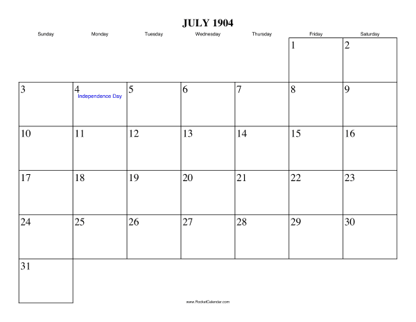 July 1904 Calendar