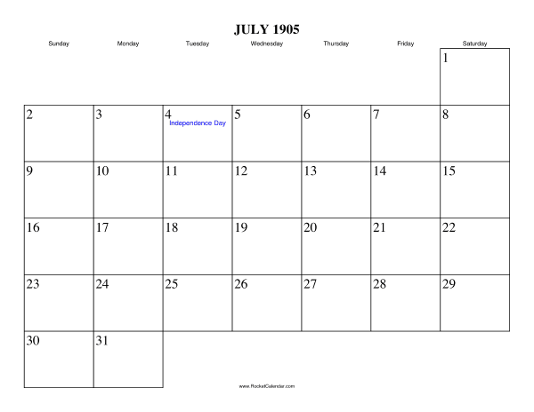 July 1905 Calendar