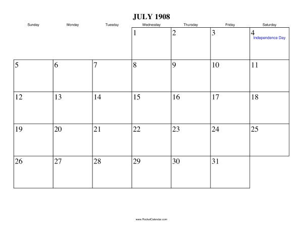 July 1908 Calendar