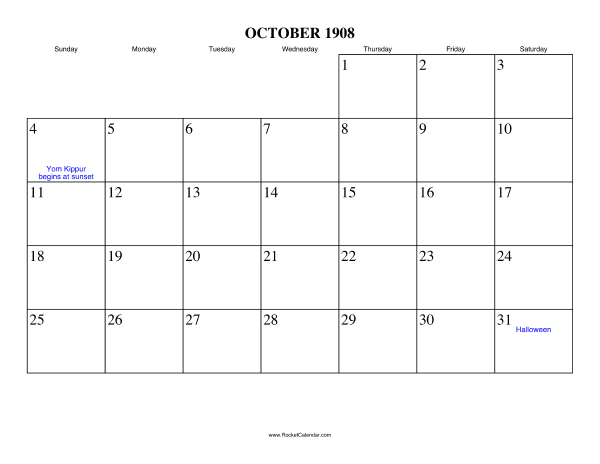October 1908 Calendar
