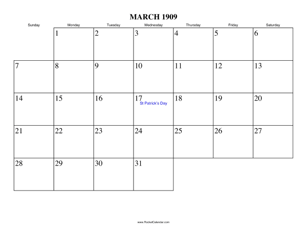 March 1909 Calendar