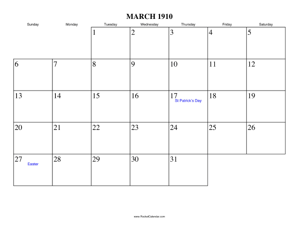 March 1910 Calendar