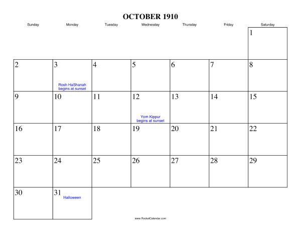October 1910 Calendar