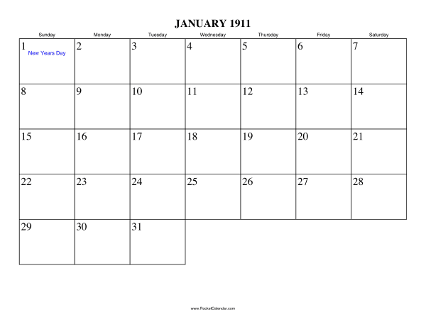 January 1911 Calendar