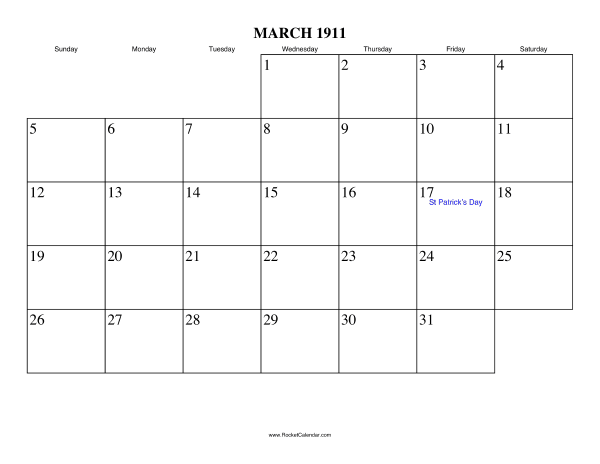 March 1911 Calendar