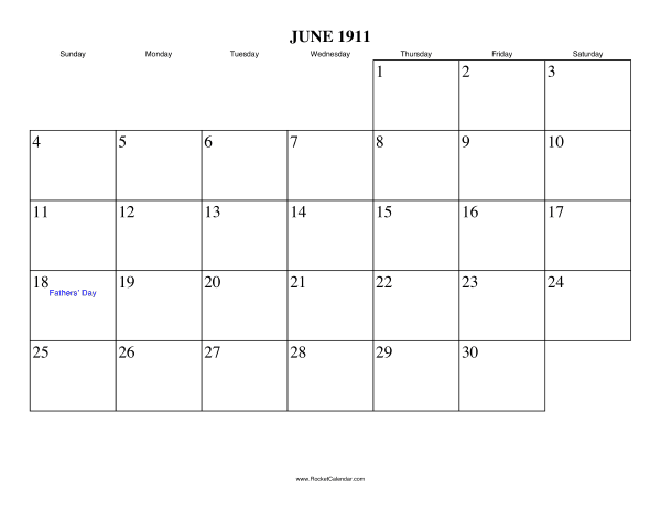 June 1911 Calendar