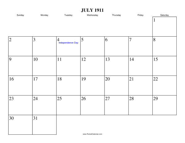 July 1911 Calendar