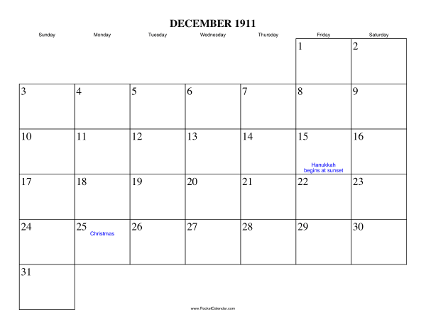December 1911 Calendar