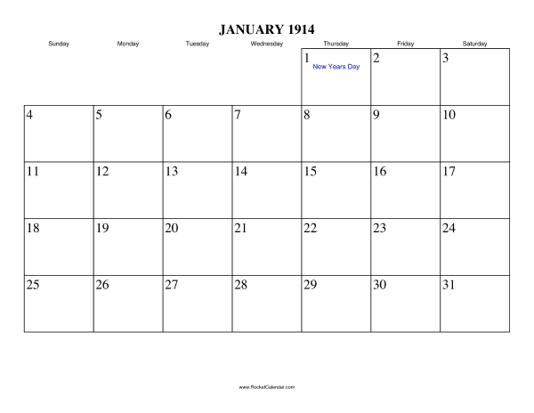 January 1914 Calendar