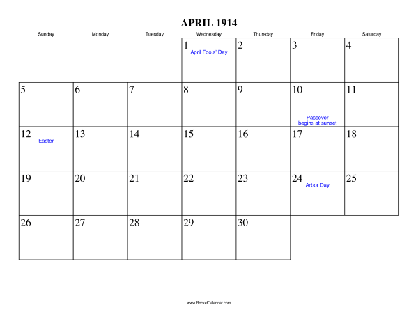 April 1914 Calendar