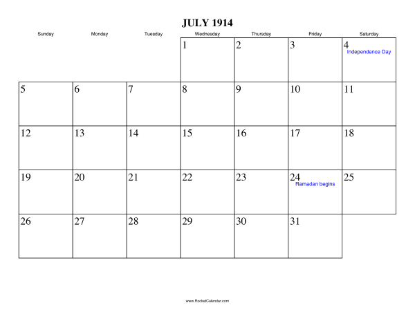 July 1914 Calendar