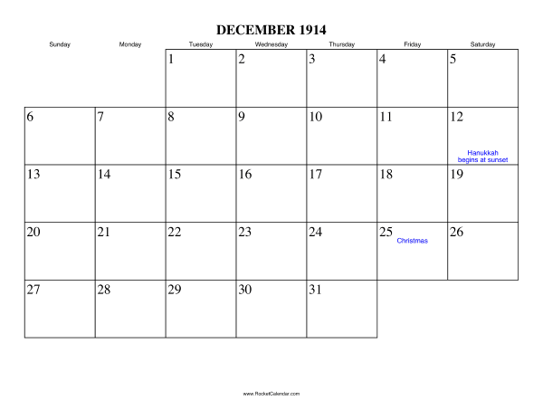 December 1914 Calendar