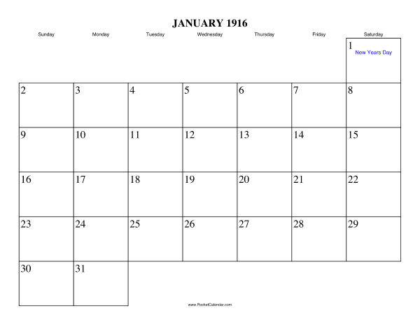 January 1916 Calendar