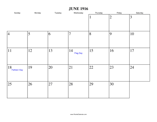 June 1916 Calendar