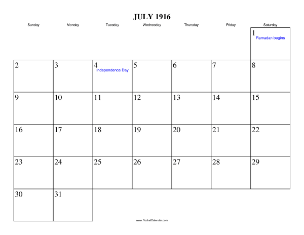 July 1916 Calendar