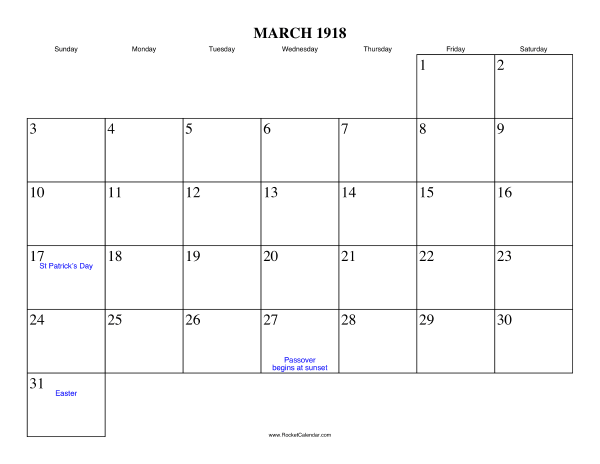 March 1918 Calendar