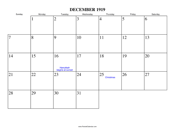 December 1919 Calendar
