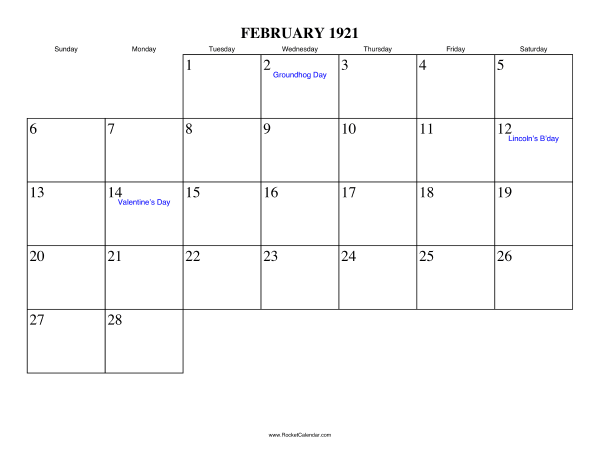 February 1921 Calendar