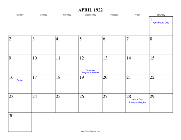 April 1922 Calendar