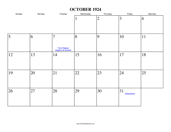 October 1924 Calendar
