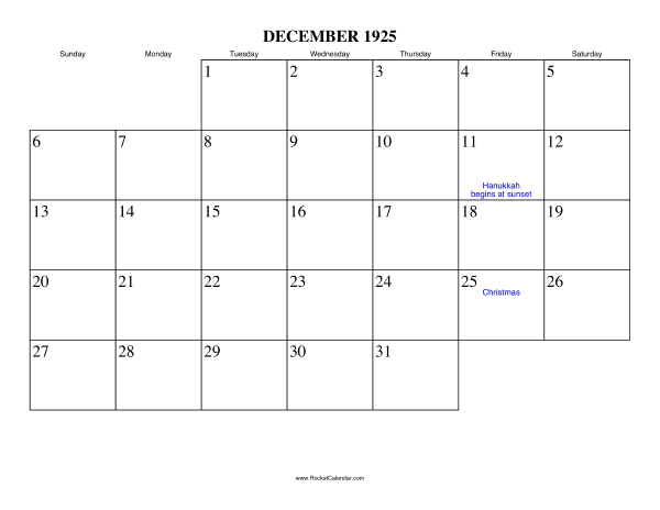 December 1925 Calendar