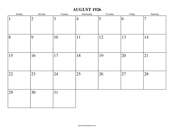 August 1926 Calendar
