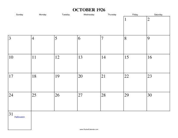 October 1926 Calendar