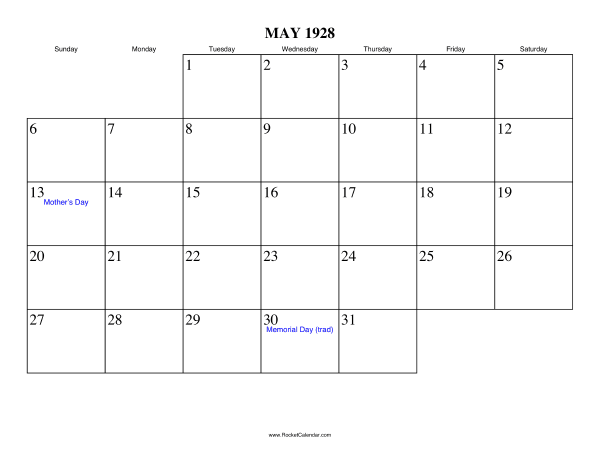 May 1928 Calendar