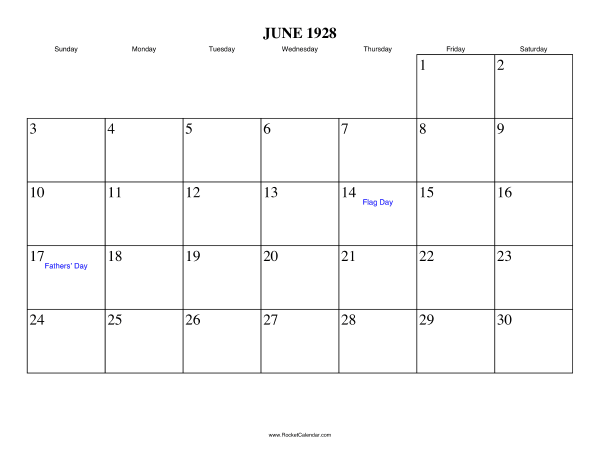 June 1928 Calendar