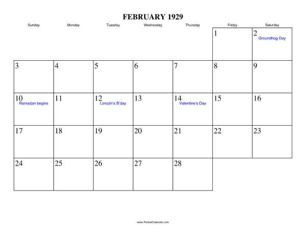 February 1929 Calendar