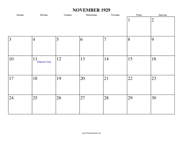 November 1929 Calendar