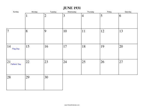 June 1931 Calendar