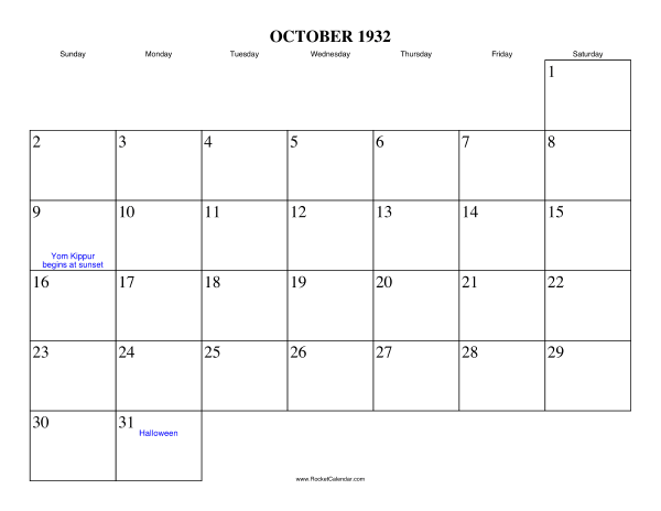 October 1932 Calendar