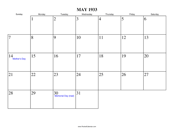 May 1933 Calendar